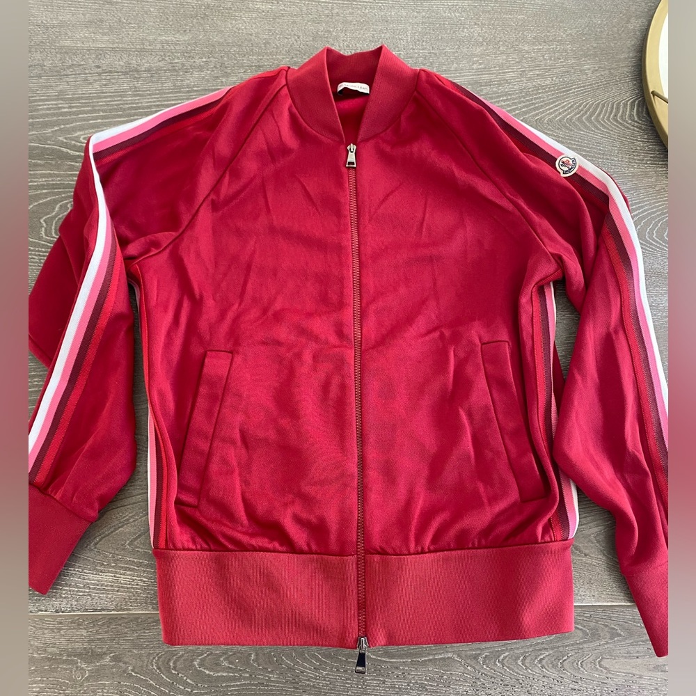 Moncler Red Cardigan with White and Pink Striped Trim - Picture 2 of 8